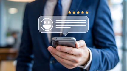 Professional receiving positive online feedback on a mobile device showcasing five star customer satisfaction, enhancing user experience for improved reputation and growth.