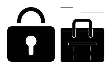 Padlock alongside briefcase suggesting data security, privacy, and corporate operations. Ideal for cybersecurity, privacy, business, confidentiality, protection, secure transactions simple flat
