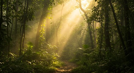 Obraz premium Golden Sunbeams Piercing Through Lush Tropical Forest Canopy with Misty Path