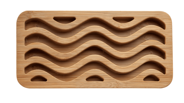 A bamboo soap tray with wave pattern cutout, white background --ar 16:9