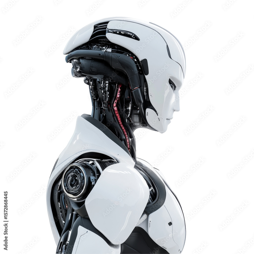 Aufkleber futuristic white robot with exposed wiring and smooth features in a profile view