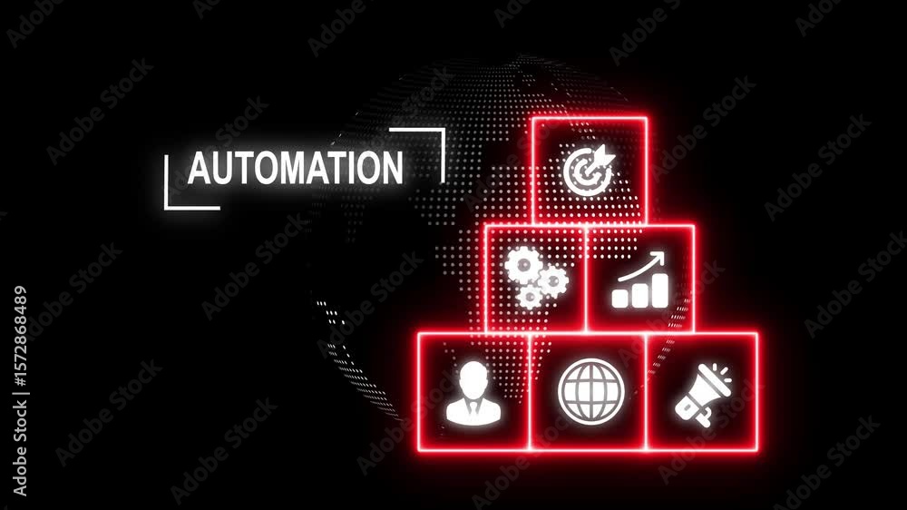 Poster automation software concept as an innovation on dot globe rotation background with alpha channel, ho