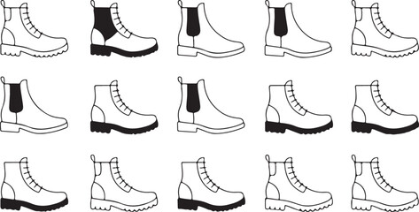 Fototapeta premium Silhouette of Men’s Boot Collection, Rugged Footwear and Work Boots Vector Illustration