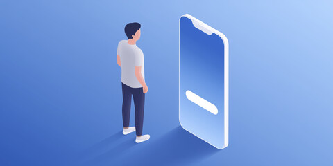 Young man standing in front of a large smartphone mock up with a blue background, contemplating digital interaction and modern technology in a creative environment