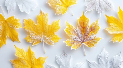 Frosty autumn leaves spread across a clean white surface creating a beautiful seasonal scene