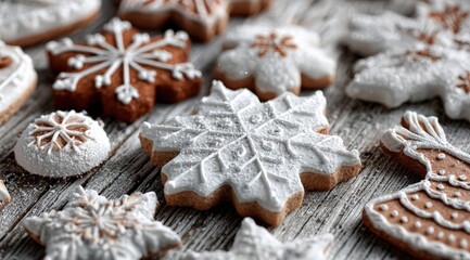 Fototapeta premium Close-up of assorted cookies on a wooden table with natural light, perfect for food and dessert themes.