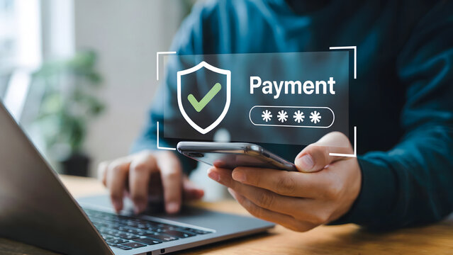 Person uses mobile payment authentication on a laptop for secure online shopping transaction, completing digital banking with smartphone verification and account protection.