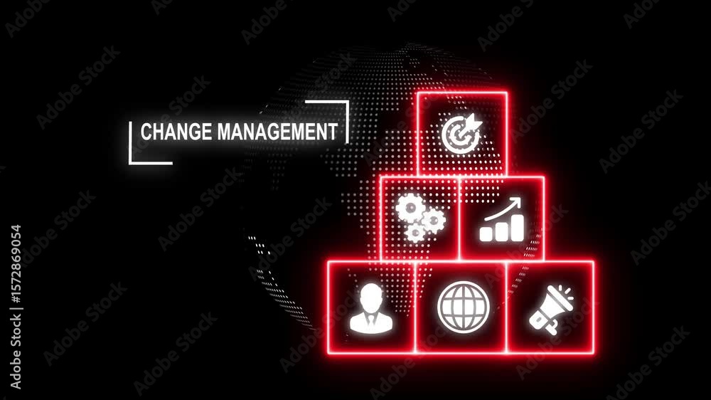 Poster change management, business concept on dot globe rotation background with alpha channel, holographic