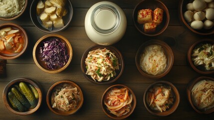 A Colorful Array of Traditional Fermented Dishes and Accompaniments Displayed in Rustic Bowls on a Wooden Surface
