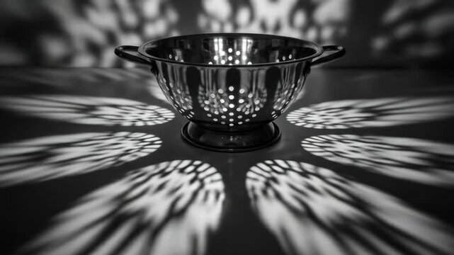 Abstract image of a metal colander casting flower-like shadows in black and white.