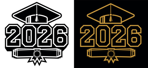 Lettering Class of 2026 for greeting, invitation card. Text for graduation design, congratulation event, T-shirt, party, high school or college graduate. Illustration, vector on transparent and black 