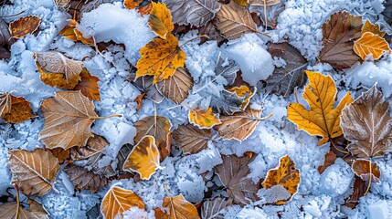 Frosty autumn leaves spread across a crisp white background creating a seasonal contrast