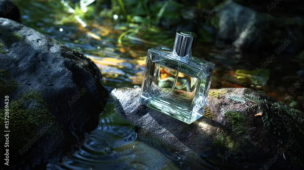 Poster elegant perfume bottle resting on a rock by a tranquil stream generative ai