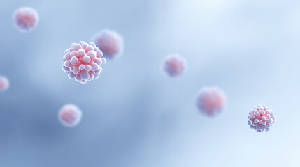 Abstract illustration of floating pink and white cells in a soft blue background, representing biological processes, health, and microscopic life forms in a scientific context