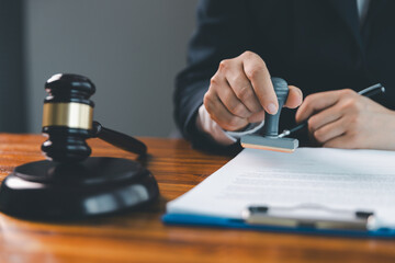 Justice and lawfirm concept. Female lawyer in office with brass scale. Woman hand gavel to bang....