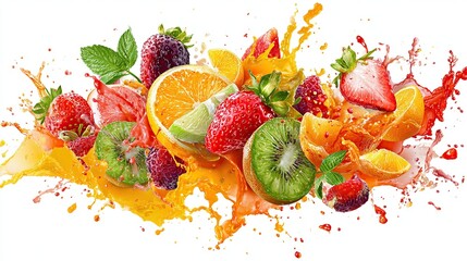 Colorful fruit slices and juice splashes on a white background