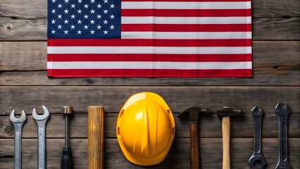 American labor day with tools and flag on wooden background