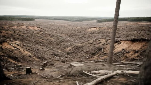Devastated landscape: deforestation, stumps, branches, environmental destruction, clear-cut area, forest loss, and environmental impact.