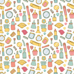 Doodle beauty make up seamless pattern. Background with hand drawn cosmetics. Brush, nail polish, foundation, perfume, eye shadow, mascara, mirror, cream, lipstick. Outline vector ...