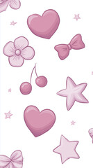 Pink themed flat illustration featuring hearts, bows, flowers, cherries, and stars on a white background, perfect for design projects and creative applications with copy space