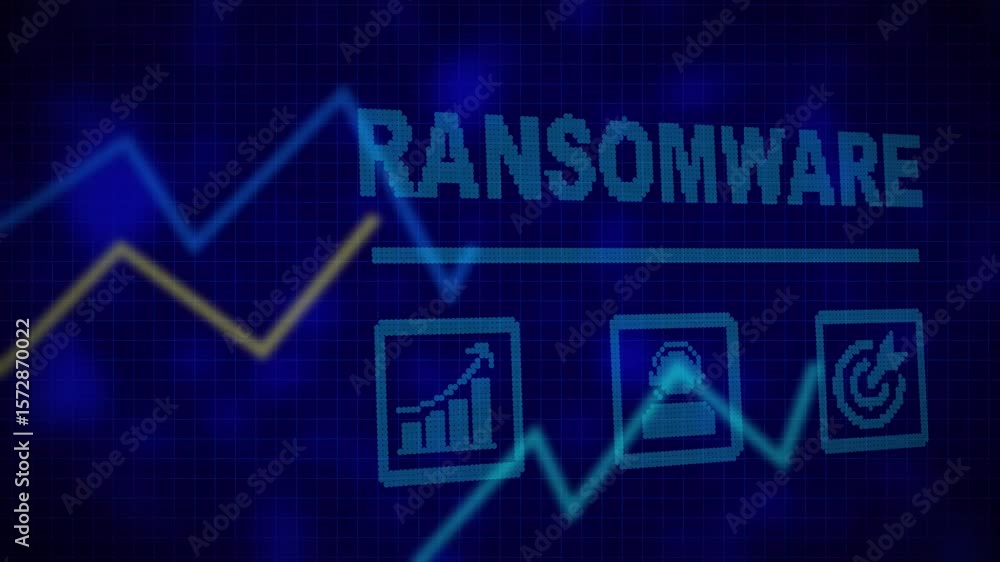 Aufkleber ransomeware business concept on a flashing computer monitor with moving graphs and data. abstract da