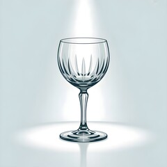An elegant, clear wine glass with decorative etchings stands illuminated by spotlights.