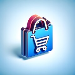 A vibrant 3D icon of a blue shopping bag with a shopping cart symbol, featuring a purple handle.