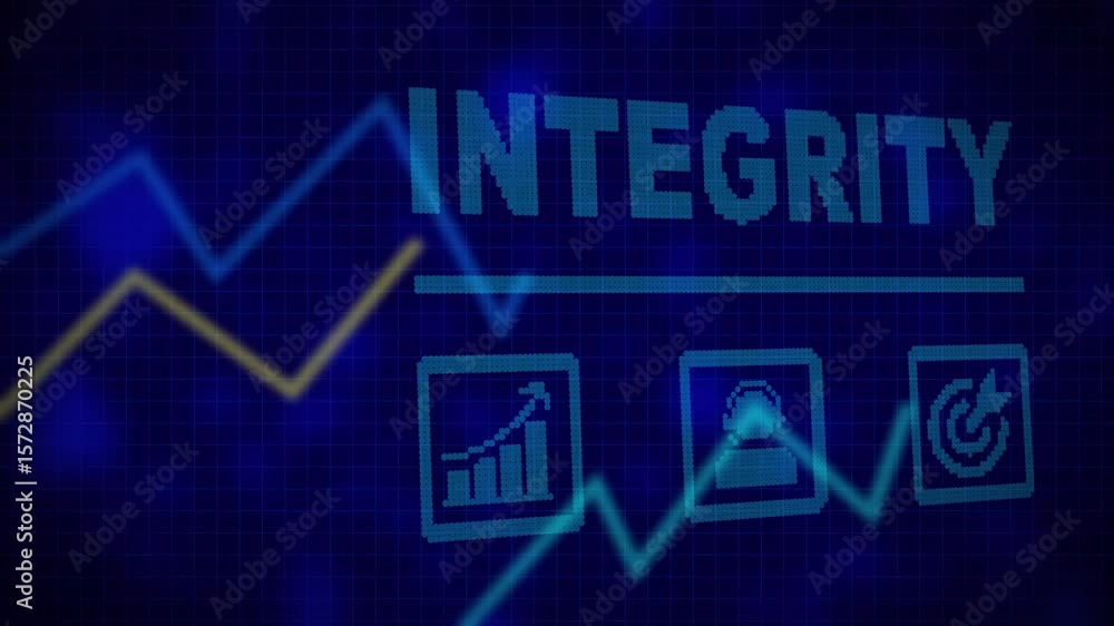 Aufkleber a integrity business concept on a flashing computer monitor with moving graphs and data. growing mar