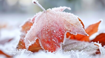 Beautiful frost covered autumn leaves scattered elegantly on a pristine white background