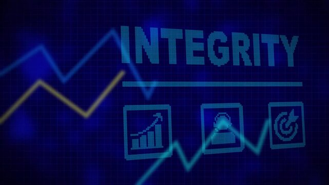 A Integrity business concept on a flashing computer monitor with moving graphs and data. Growing market trend concept. a digital candlestick financial market chart  bars. Trading and investment