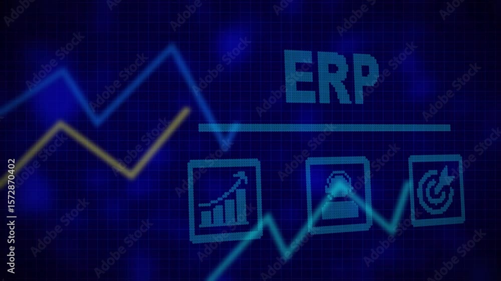 Poster a erp business concept on a flashing computer monitor with moving graphs and data. growing market tr