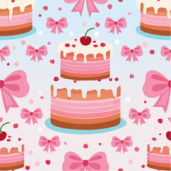 Seamless vector pattern with cute coquette cake. Pink dessert with cherry and bows on background. Texture for girl birthday, anniversary, wedding ...