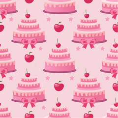 Seamless vector pattern with cute coquette cake. Pink dessert with cherry and bows on background. Texture for girl birthday, anniversary, wedding ...