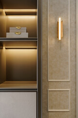 GeneratedDetail of custom built-in shelving with warm integrated LED lighting and a modern brass...