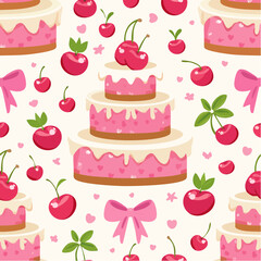 Seamless vector pattern with cute coquette cake. Pink dessert with cherry and bows on background. Texture for girl birthday, anniversary, wedding ...