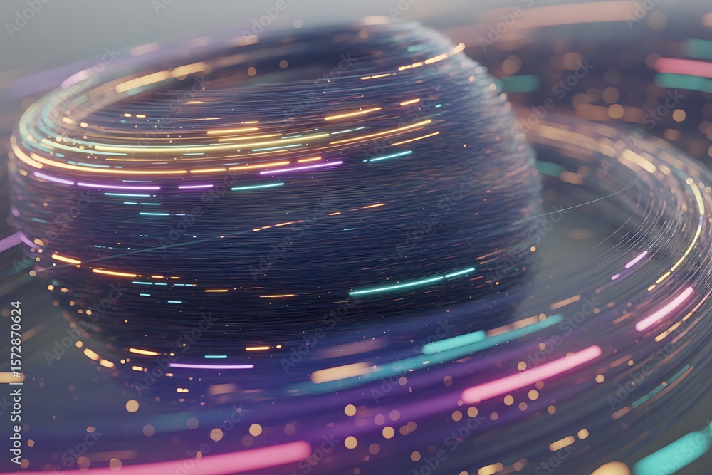 Aufkleber abstract sphere with swirling neon light trails and bokeh image