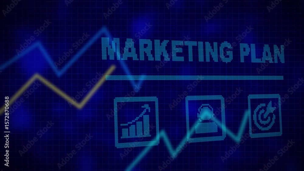 Poster a marketing plan business concept on a flashing computer monitor with moving graphs and data. digita