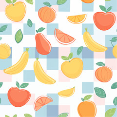 Seamless vector pattern with abstract geometric fruits and vegetables. Checkered background with contemporary art bananas, lemons, peppers, peaches. Hand drawn doodle print with ...