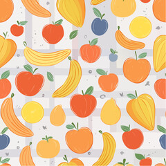 Seamless vector pattern with abstract geometric fruits and vegetables. Checkered background with contemporary art bananas, lemons, peppers, peaches. Hand drawn doodle print with ...