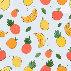 Seamless vector pattern with abstract geometric fruits and vegetables. Checkered background with contemporary art bananas, lemons, peppers, peaches. Hand drawn doodle print with ...
