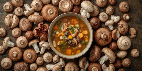 Overhead view of mushroom soup in a bowl surrounded by various fresh mushrooms on a dark surface