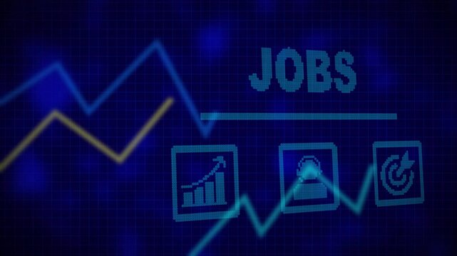 A Jobs business concept on a flashing computer monitor with moving graphs and data. Digital candlestick financial market chart  bars. Trading and investment, Abstract data graph for business success.