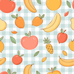 Seamless vector pattern with abstract geometric fruits and vegetables. Checkered background with contemporary art bananas, lemons, peppers, peaches. Hand drawn doodle print with ...