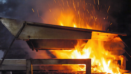 A blazing fire engulfs a metal structure, sparks flying in the dark environment, creating an intense and captivating scene.