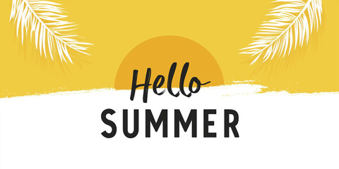 Bright yellow background with sun and palm leaves creates a vibrant summer-themed illustration featuring the phrase Hello Summer in bold typography with a playful design