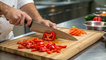 A close-up of a chef's hands skillfully chopping bright red bell peppers on a wooden cutting board with a razor-sharp knife. The motion blur of the blade and the fresh produce