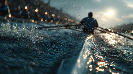 A competitive rowing scene, rowers in perfect sync during a regatta, water splashing. Generative AI.