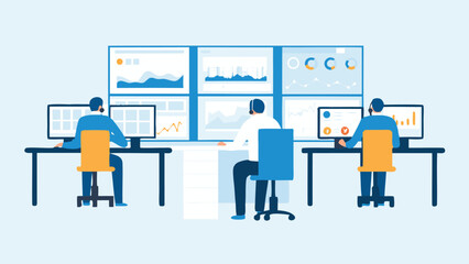 Illustration of three operators in a control room monitoring screens and data visualizations displayed