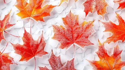Frosty autumn leaves laid out on a crisp white surface for an elegant seasonal display