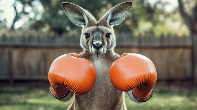 Cute kangaroo in red gloves, pretending to box.